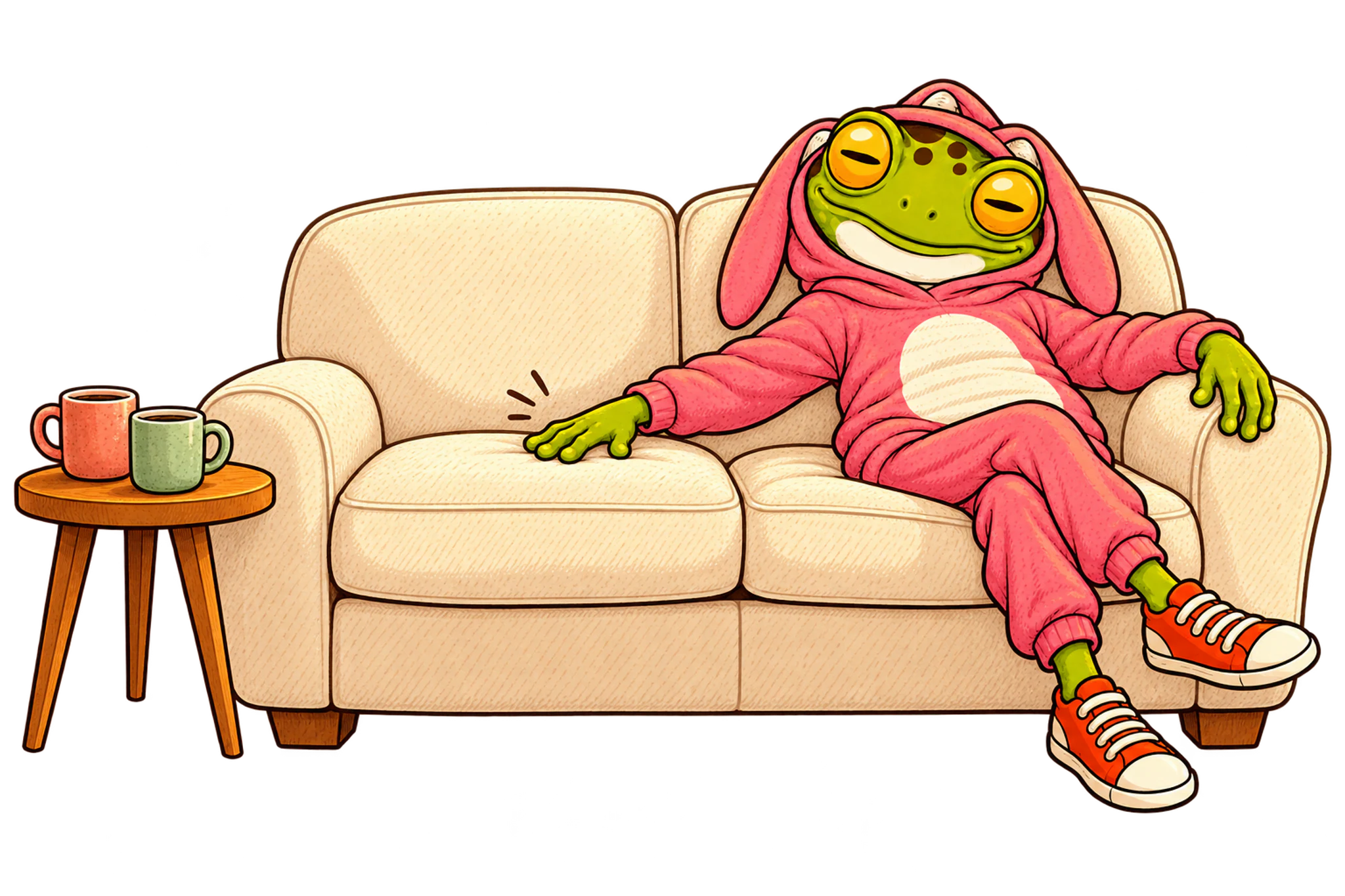 Frog in pink pyjamas on a couch, patting the empty seat