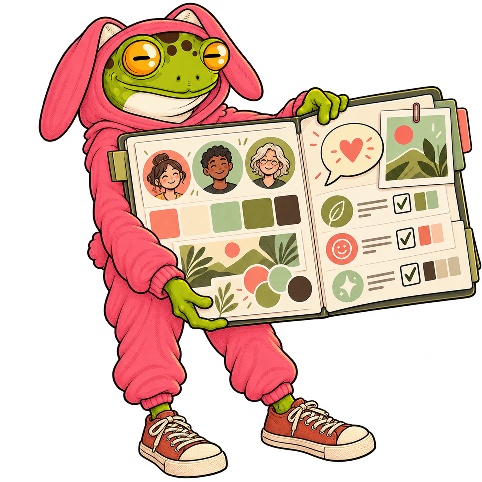 GoSleep frog holding an open brand book with audiences, palette and tone